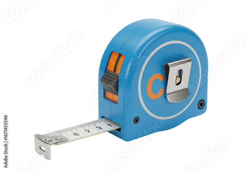 Isolated Blue compact tape measure tool with orange accents, in studio shot, measuring