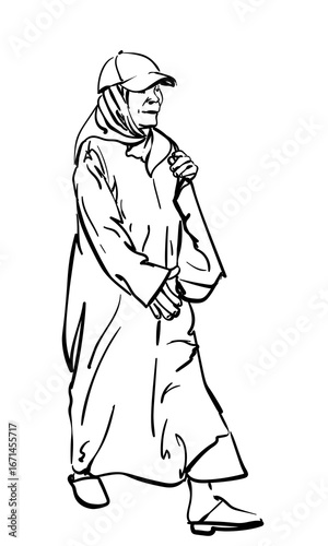 Hand-drawn vector sketch of a Muslim woman in long clothing, headscarf, and a cap, walking briskly with one hand holding a shoulder bag. Loose ink lines, no shading, isolated on white
