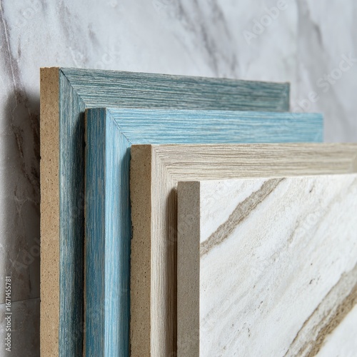 Stacked picture frames in muted teal, beige, and light cream colors, against a marble background