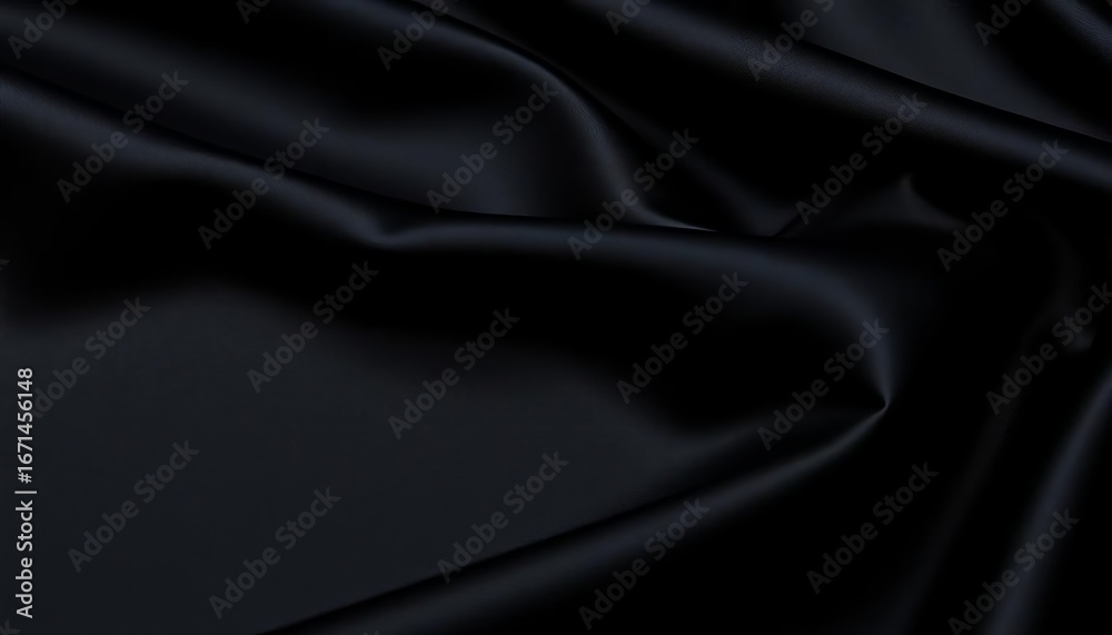 Fototapeta premium Deep black, high-gloss fabric with subtle texture folds, black shiny background, gloss