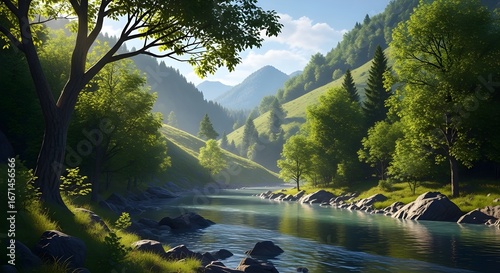 Realistic Lush Forest Landscape with River and Mountains