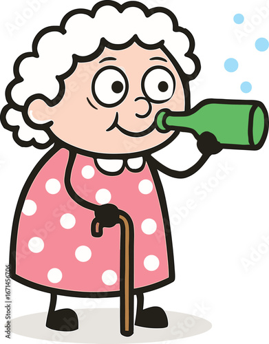 Funny cartoon grandmother drinking from green bottle, cute old lady character illustration, senior woman with cane, humorous lifestyle comic drawing.