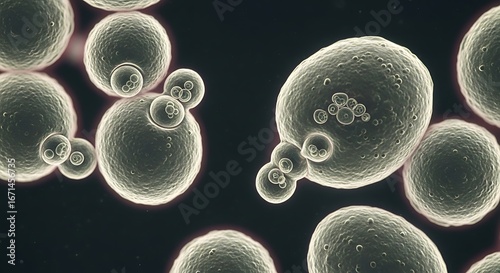 Yeast cells budding under microscope scientific illustration.