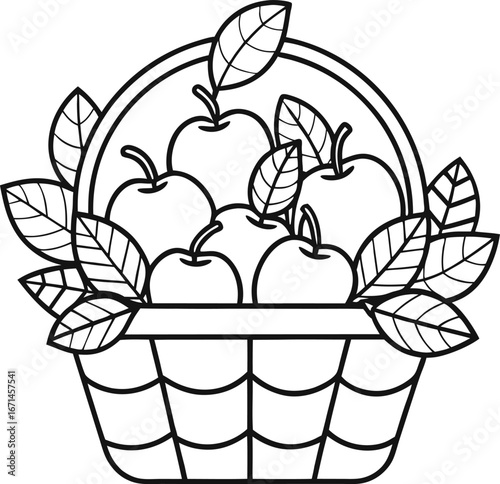 Line Art of Basket with Apples and Leaves