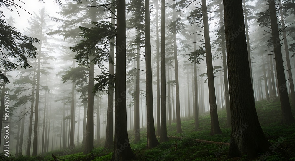 Obraz premium Misty Forest Trunks and Canopy.