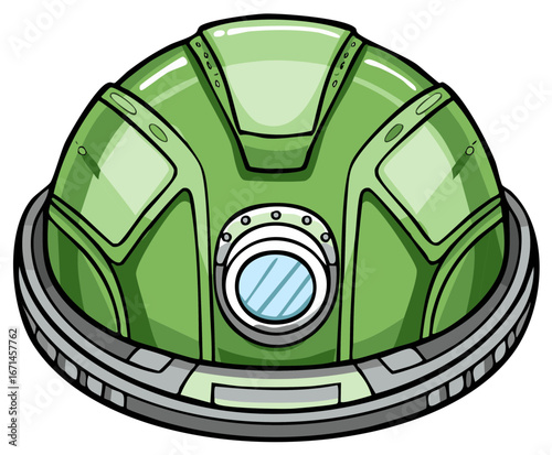 Green futuristic helmet with circular window and segmented visor detail