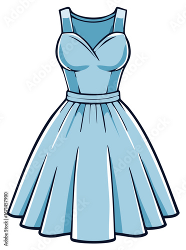 Cartoon light blue sleeveless flared dress with sweetheart neckline and belt