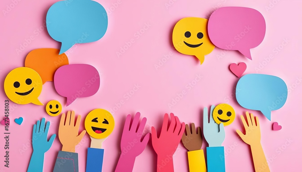 Fototapeta premium Layered paper cut design; colorful speech bubbles, emojis, supportive hands, cyberbullying awareness, kindness, mental health