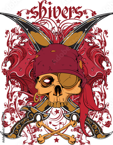 Shivers Pirate Skull & skull with Swords T-Shirt Design