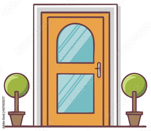 Simple cartoon illustration of a house entrance with an arched glass door and two potted topiary plants.