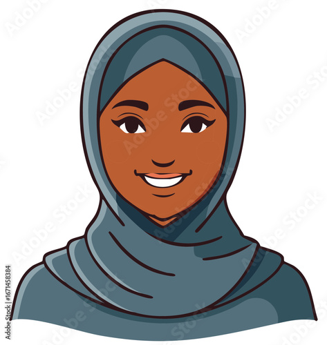 Smiling woman wearing hijab cartoon illustration isolated on white background