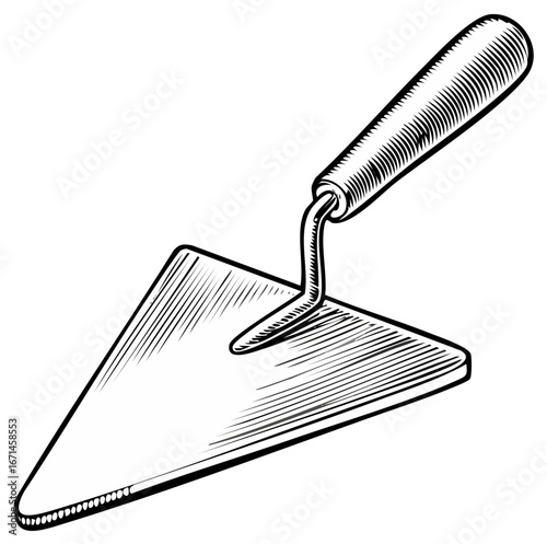 Illustration of a triangular trowel with a ribbed handle for construction and DIY projects