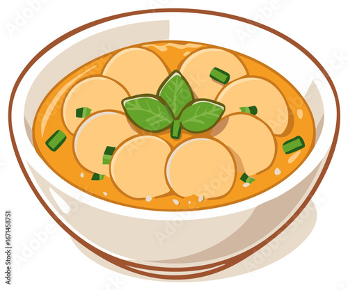 Bowl of soup with dumplings and herbs, cartoon style