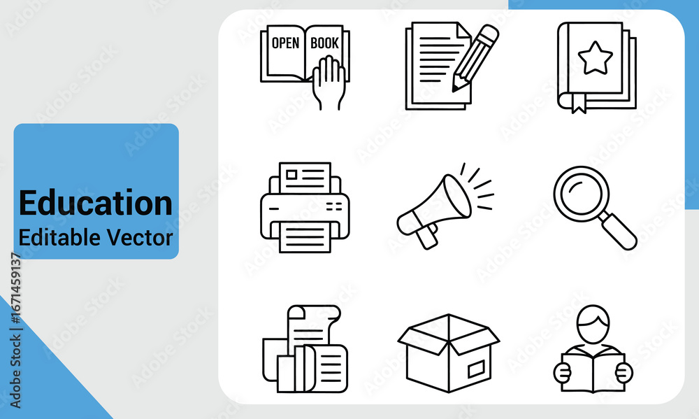 Fototapeta premium Office and Education Symbol Set with Books Documents and Communication Tools in Black and White Simple Line Art Style