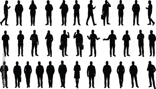 Collection of diverse male and female business professionals and casual individuals depicted as black silhouettes isolated on transparent background