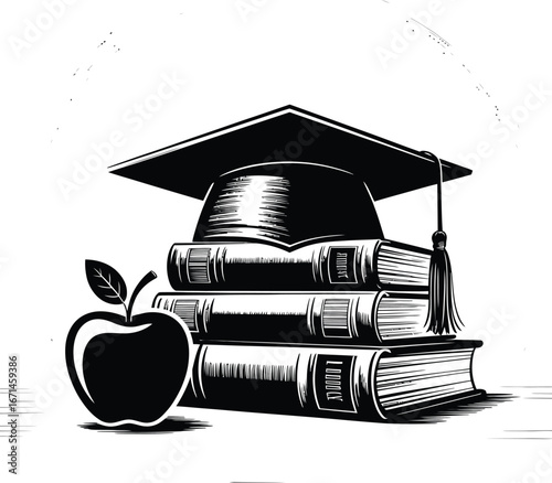 Graduation cap on stacked books with an apple representing education and achievement in a black and white minimalist design