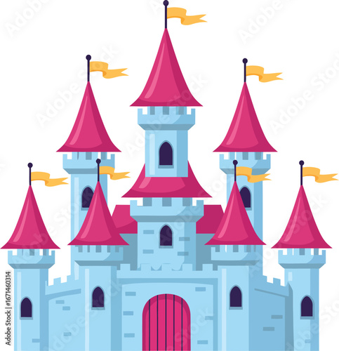 Enchanting fairytale castle with pink turrets and flags a whimsical fantasy structure for children s stories and dreams isolated on transparent background