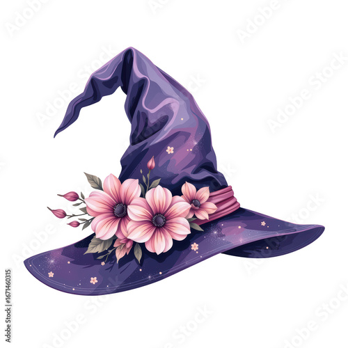 A whimsical purple witch's hat adorned with pink flowers and a stylish ribbon, showcasing an enchanting and magical aesthetic.