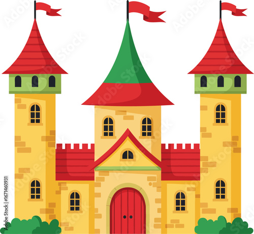 Whimsical yellow fairytale castle with red roofs and green spires featuring flags and windows isolated on transparent background
