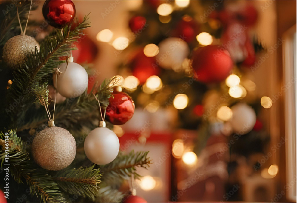 Obraz premium close-up of a beautifully decorated christmas tree with red and golden christmas balls