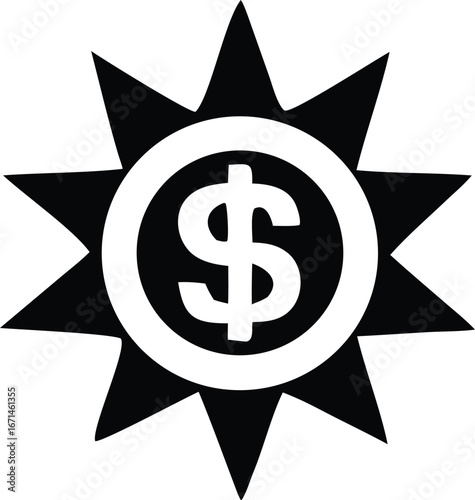 Shiny dollar sign emblem with starburst rays symbolizing wealth success financial prosperity and good fortune