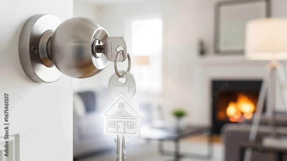 A key with a houseshaped keychain is inserted into a doorknob, symbolizing the purchase of a new home and the start of a new chapter