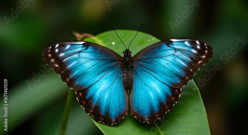 Beautiful blue butterfly on green leaf