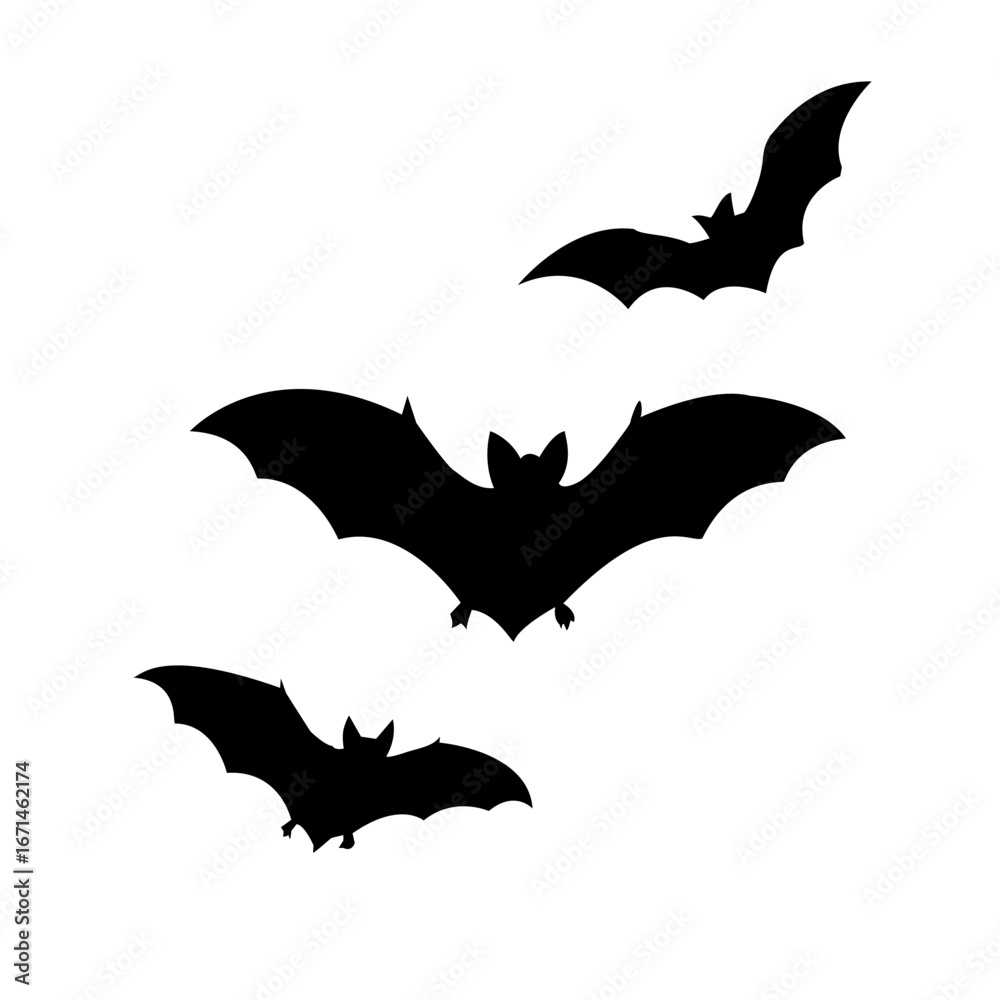 Naklejka premium Three Silhouetted Bats in Flight Vector Illustration Isolated Design