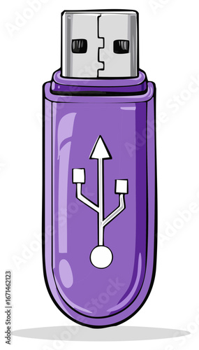 Purple USB Flash Drive Cartoon, Isolated Design Element, Vector Illustration