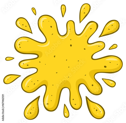 Yellow cartoon paint splash or liquid slime splat with dripping drops illustration