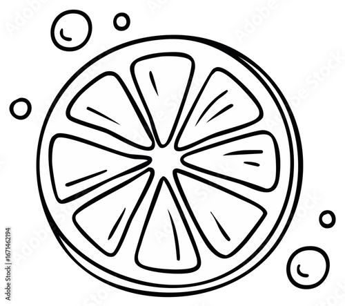 Stylized citrus slice with bubbles simple line art illustration