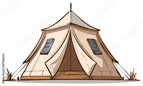 Cartoon illustration of a tent with windows and open flap