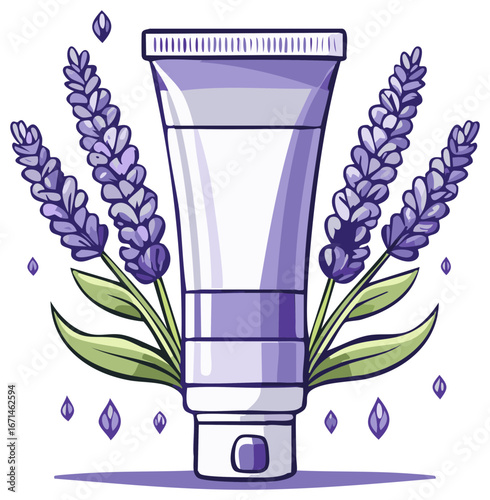 Illustration of purple cosmetic tube with blooming lavender flowers and essence drops