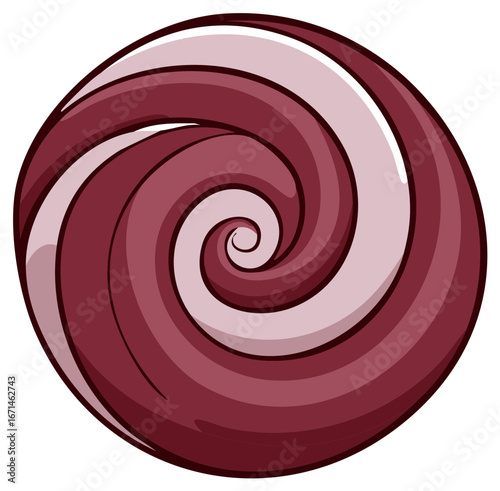 Round lollipop candy with spiral design in maroon and light purple colors in sweet dessert confection style, isolated illustration