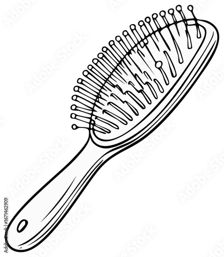 Line art illustration of a paddle hair brush with pins for combing hair and styling