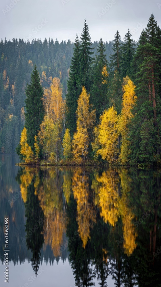 Obraz premium Captivating Autumn Reflections in a Serene Lake Surrounded by Evergreen Trees at Dawn
