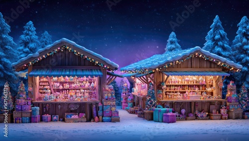Two cozy Christmas market stalls at night, snowy forest backdrop