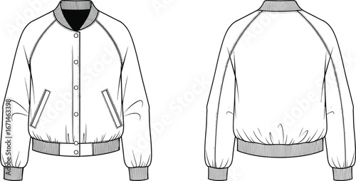 Bomber jacket illustration, fashion technical sketch, front back view, garment design, sewing pattern, raglan sleeve, ribbed trim, apparel template