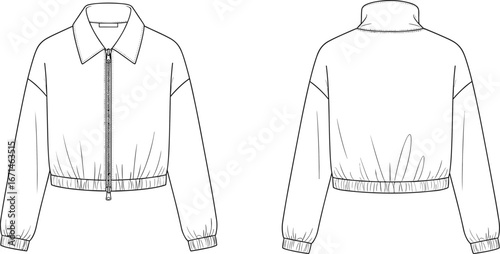 Cropped jacket, fashion flat, technical sketch, front view, back view, zipper closure, pointed collar, long sleeves, wrist cuffs, gathered hem, apparel design,  