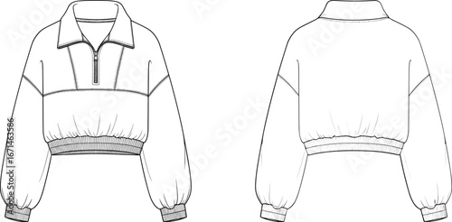 Cropped sweatshirt sketch, half zip pullover, balloon sleeve, fashion flat, garment design, front back view, technical drawing, apparel template, ribbed hem, stand collar, 