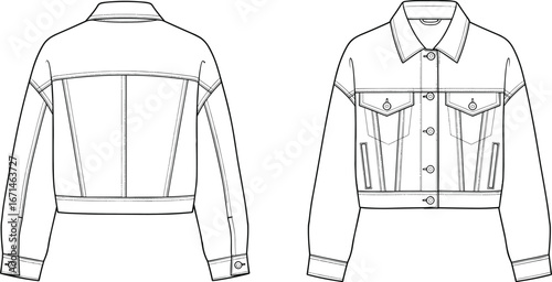 Fashion flat sketch, technical jacket drawing, front and back view, chest pockets, button closure, structured collar, garment design, apparel template