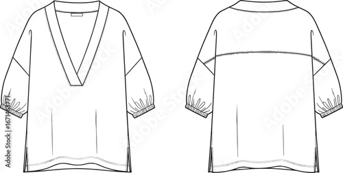  Fashion sketch, loose top design, deep V-neck, gathered sleeves, technical drawing, front and back view, garment construction, apparel template