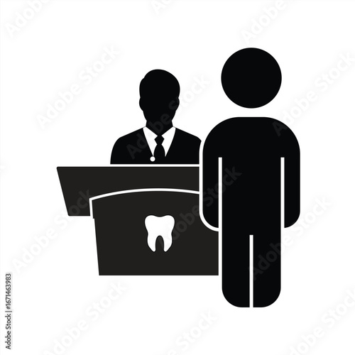 Silhouette icon of a receptionist at a dental front desk. Perfect for dental clinics, patient support, and services. Vector illustration.