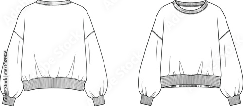  Long sleeve sweatshirt sketch, fashion flat drawing, front view, ribbed cuffs, dropped shoulder, pleated waistband, technical garment illustration, vector