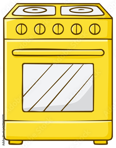 Vibrant yellow cartoon kitchen oven with top burners and control knobs for domestic cooking