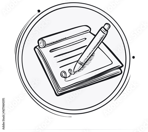 Hand drawn sketch icon of a pen signing a document on a clipboard