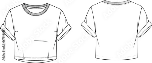 White cropped t-shirt front and back, rolled sleeves, round neckline, plain back, stitching detail, casual fashion, apparel, cotton, top