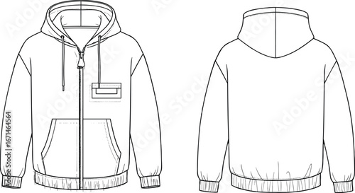 White hoodie front and back view, zipper jacket, drawstring hood, chest pocket, casual wear, fashion apparel, plain back, ribbed cuffs