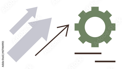 Upward arrows and a green gear symbolizing progress, innovation, and efficiency. Ideal for business growth, development, engineering, success, optimization strategy teamwork. Simple flat metaphor