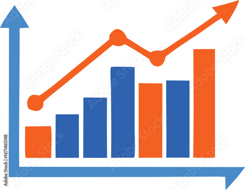 Business growth chart showing upward trend with bars and line graph illustrating positive performance and success